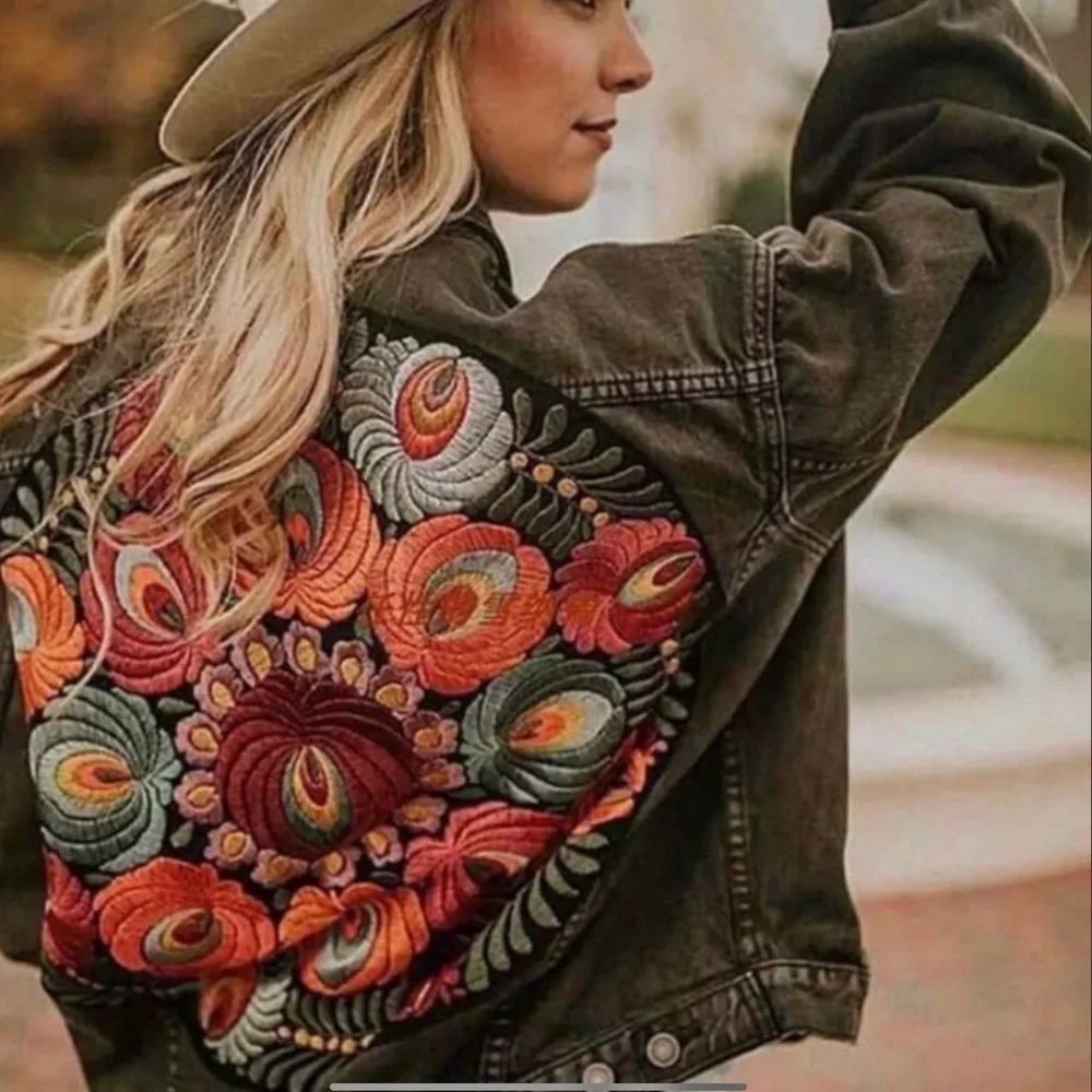 Bohemian Black floral embroider Distressed denim Jacket jean - Picture 1 of 9